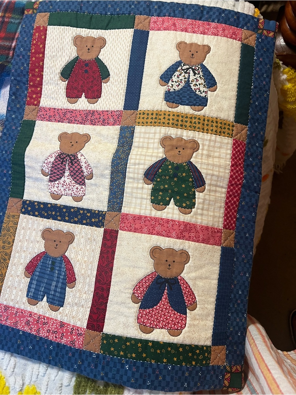 Handmade Teddy Bear Patchwork Quilt - Multi-Color small wall hanging size